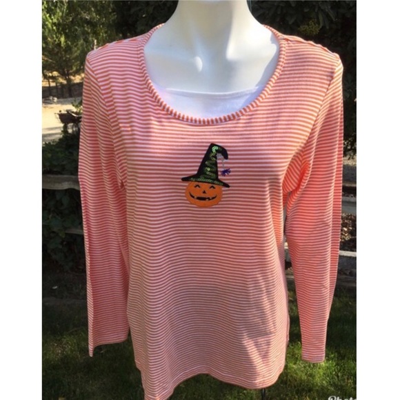 NWT Halloween Jack O Lantern Appliquéd Sequins Top - Picture 1 of 4